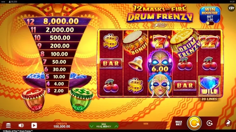 12 Masks of Fire Drum Frenzy slot gameplay — drum multiplier jackpot reels