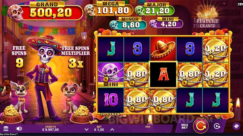 Day of the Dinero slot gameplay — Day of the Dead themed reels
